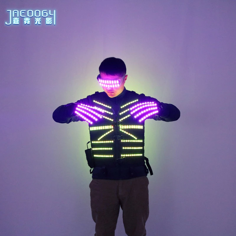 Colorful Glowing Robot Costume Night Stage Performance Fluorescent Gloves and Glasses for Bar Party Props