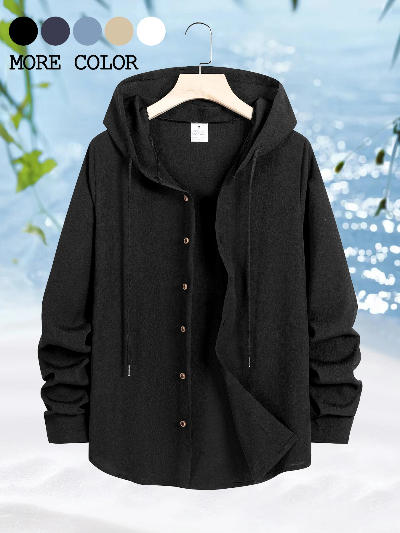 Spring Summer Men's Beach Shirt Large Size Loose Hooded Shirt Solid Color Casual Daily Clothing Men Cardigan Tops Streetwear