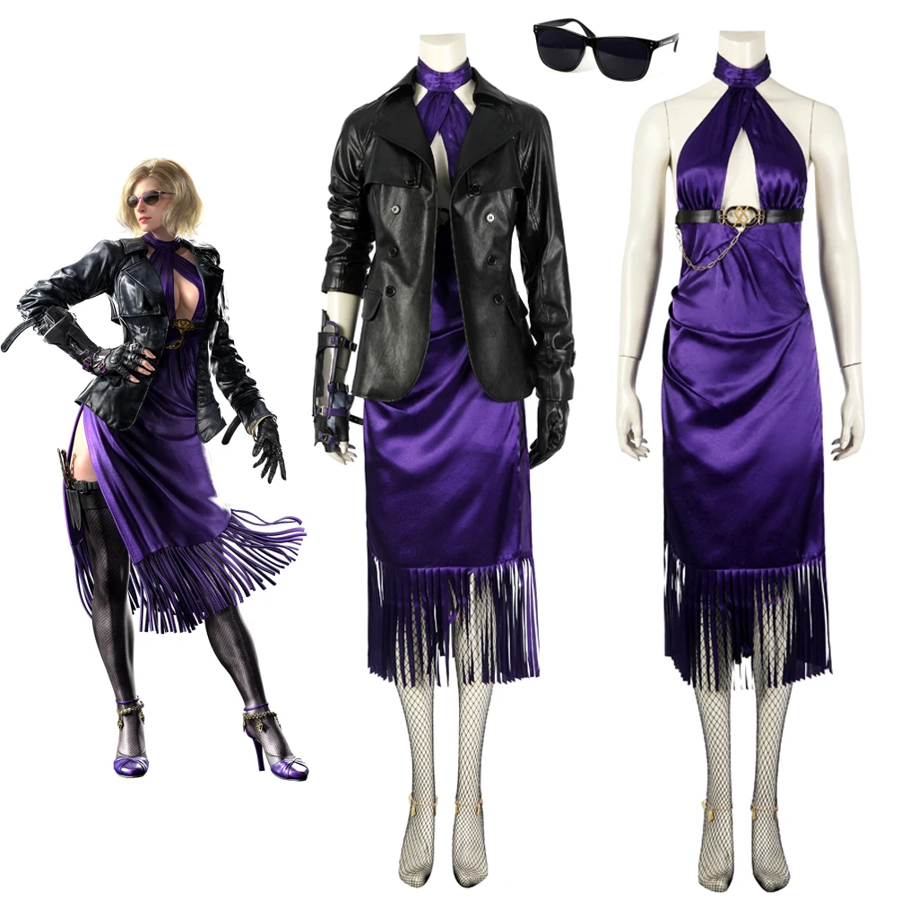 Disfraz de Nina Williams para mujer, traje de batalla, vestido morado Sexy, chaqueta de cuero PU negra, conjunto de disfraces de Halloween