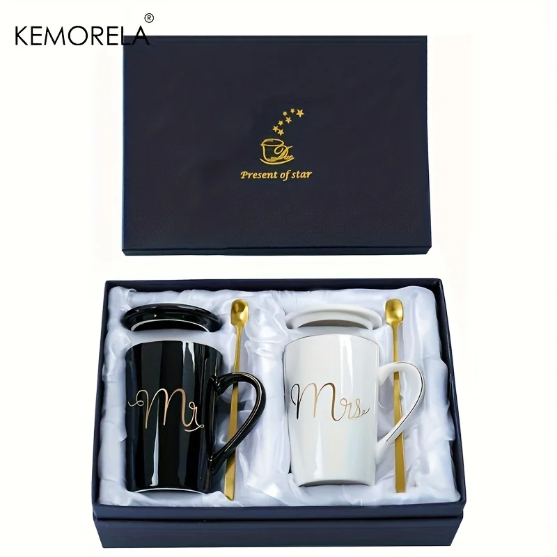 Elegant Golden Ceramic Coffee Cup Set with Lids 400ML Mugs for Men And Women Wedding Gift Set for Couples