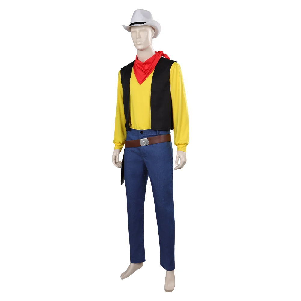 Cowboy Cos Luke Cosplay Kostuum Outfits Uniform Shirt Vest Hoed Broek Halloween Carnaval Vermomming Pak Voor Volwassen Mannen Rolspel