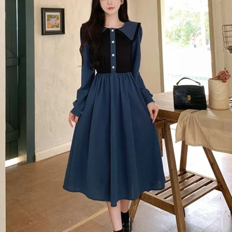 

Sweet Preppy Style Autumn Dresses Women Peter Pan Collar Button Contrast Color Patchwork Long Sleeve Corset Midi A-line Dress