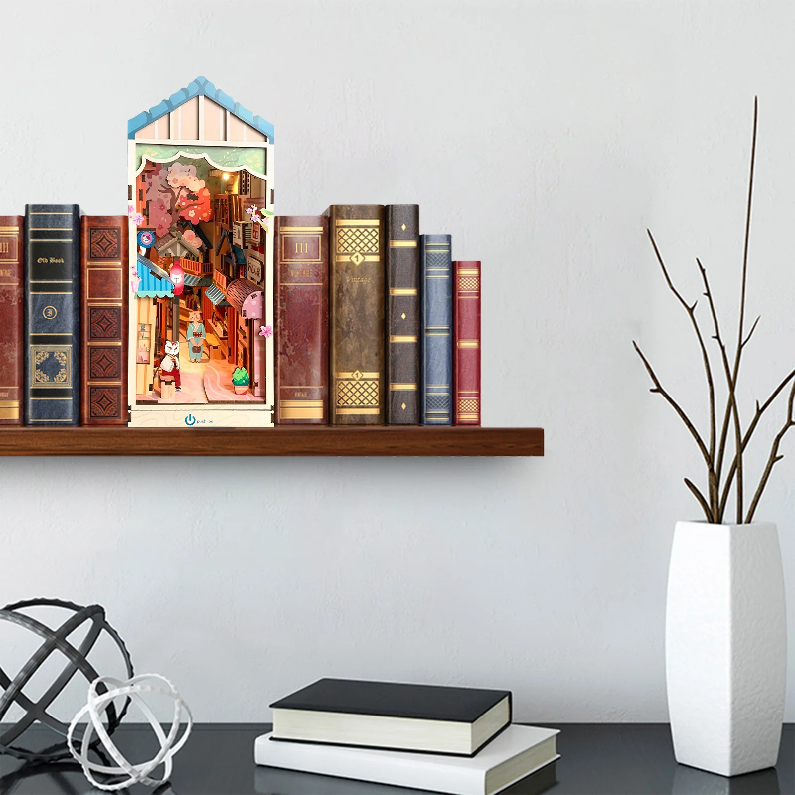 DIY Book Nook Kit 3D Wooden Puzzle Bookshelf Insert Decor with LED Light DIY Miniature Dollhouse Model Kit Creative Educational