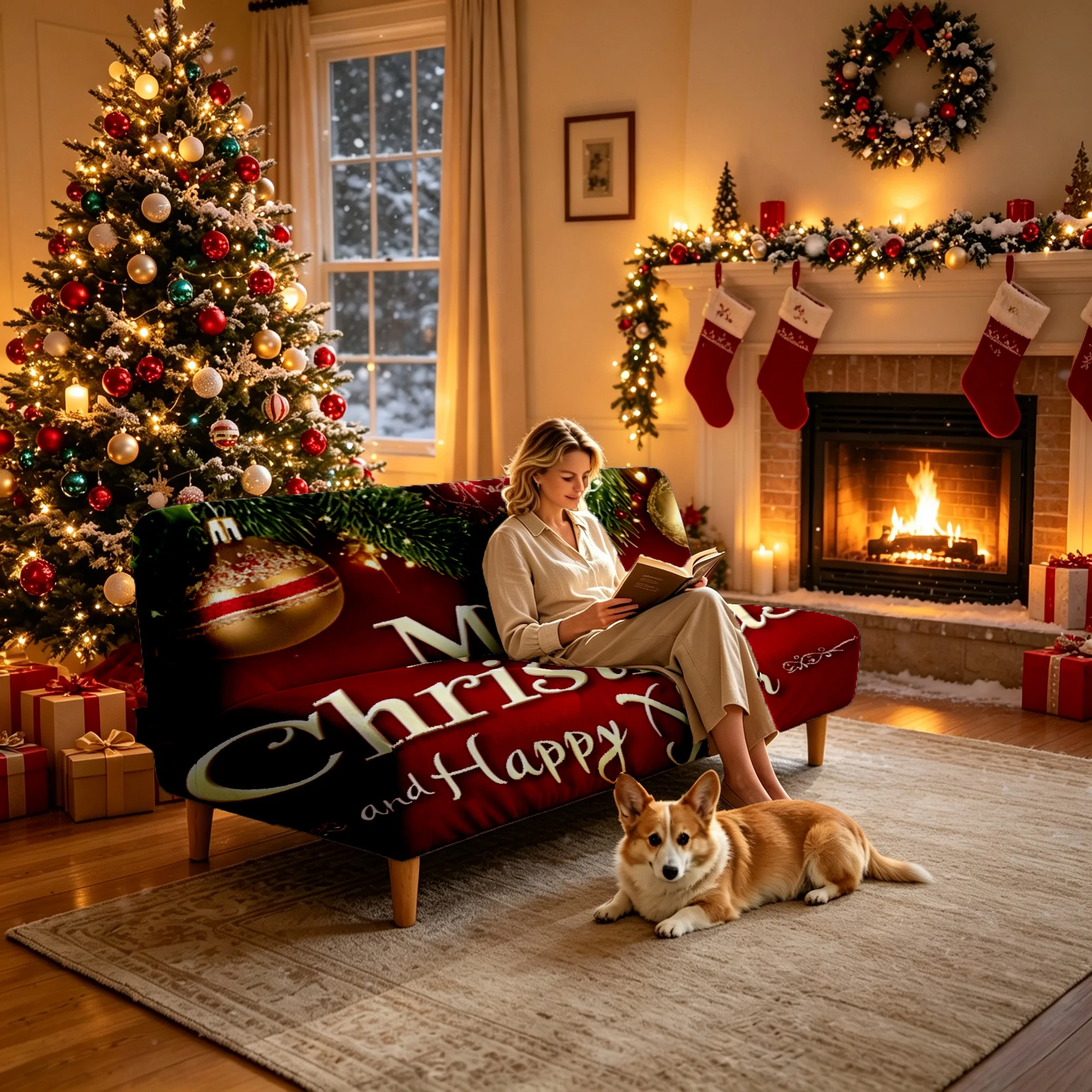 1PC Christmas Merry Christmas printed elastic folding sofa bed cover Christmas holiday decoration, sofa bed without armrests