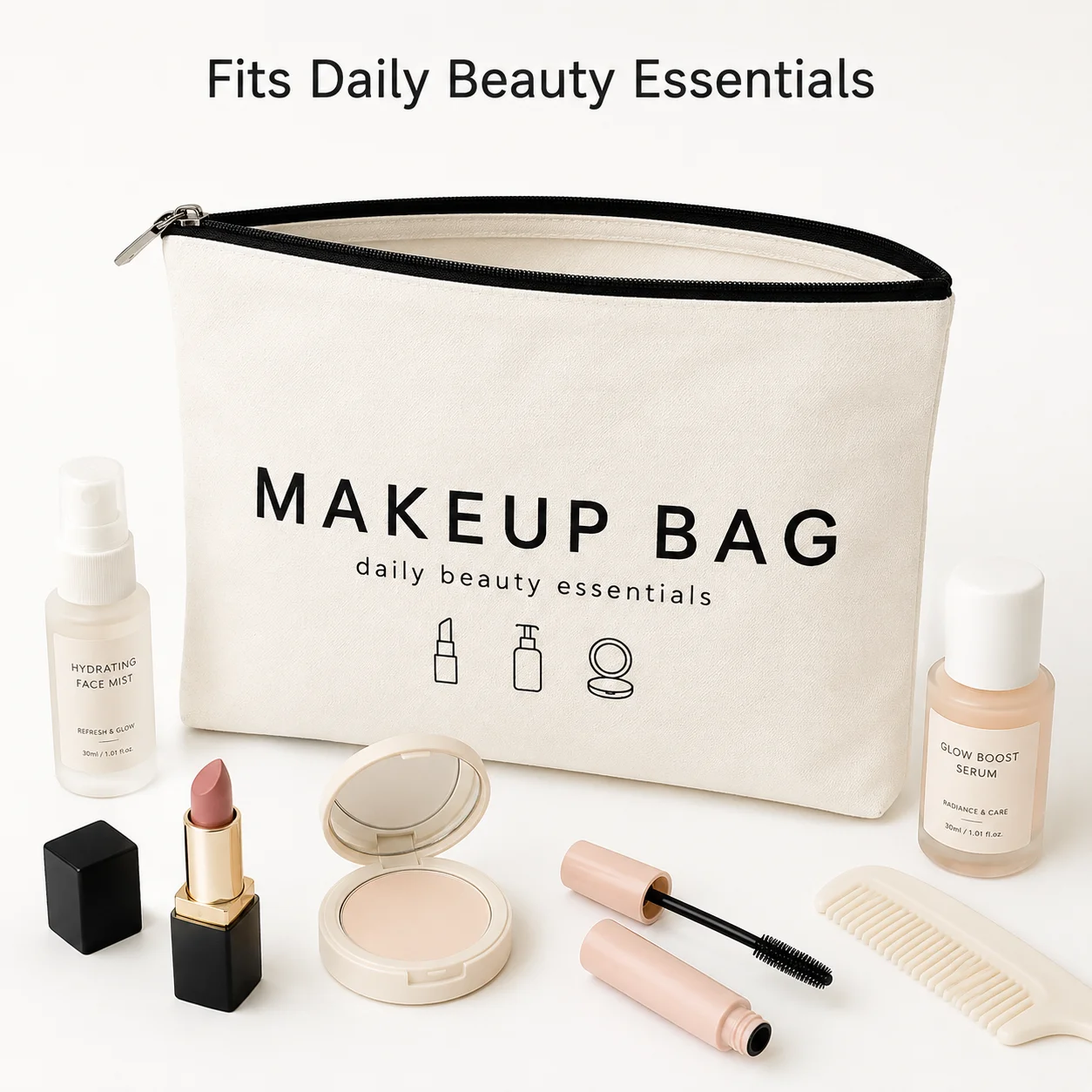 Canvas Makeup Bag for Women, Portable Cosmetic Pouch with Zipper, Travel Toiletry Organizer Daily Beauty Essentials Storage Bag