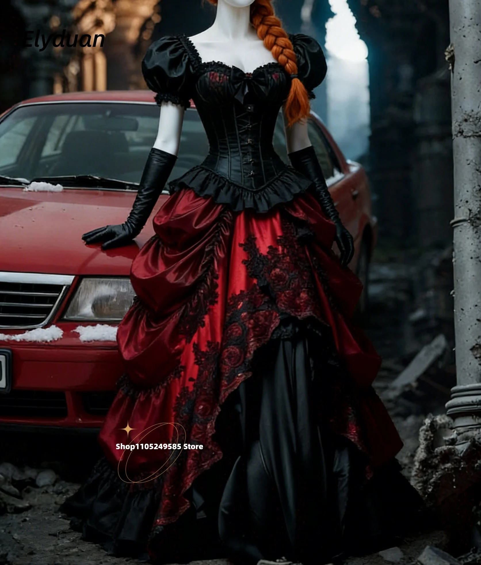 Vestido de baile gótico vermelho e preto, período vitoriano histórico, vestidos de noite, apliques de renda, princesa, fantasia de halloween personalizada