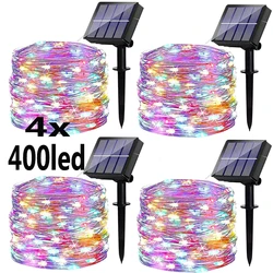 Solar Cordas Fairy Lights, 8 modos Twinkle, 400 LED, 105 pés, impermeável, jardim ao ar livre, Decorações de Natal, 4Packs