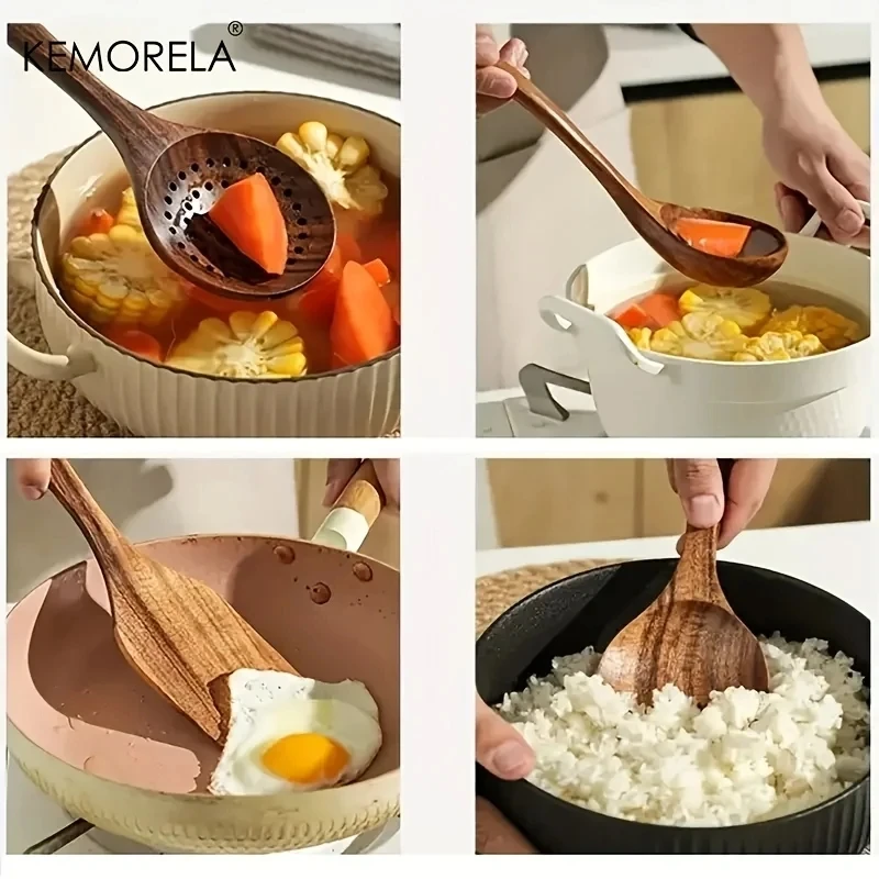 7PCS Thailand Teak Cooking Spoon Natural Wooden Kitchen Tableware Tool Ladle Turner Rice Colander Soup Skimmer Scoop Utensils