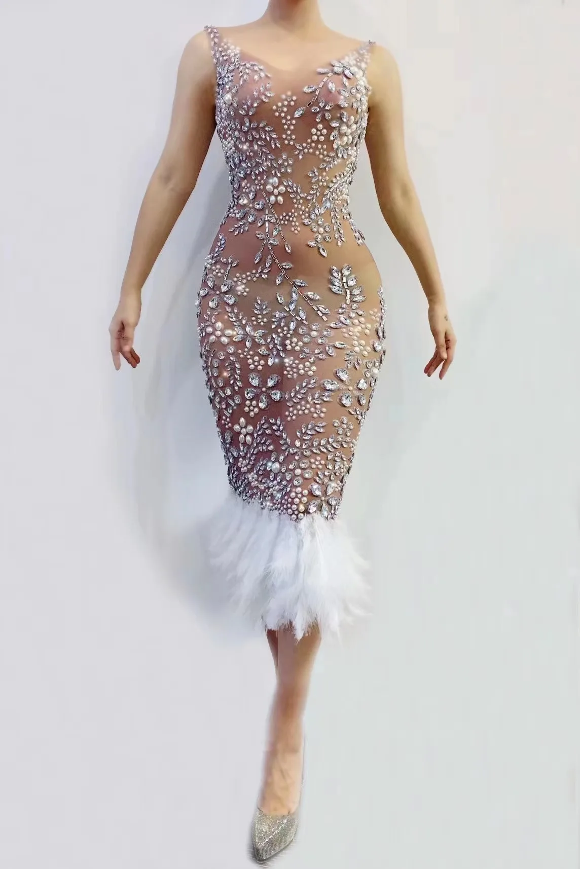 

FashionShowCrystalPearlSexyPartyTransparentFeatherDressBirthday CelebrateStretchSleevelessEveningDress