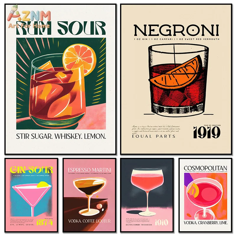 AZNM Retro Cocktail Canvas Wall Art Vintage Drink Recipe Bar Poster Print Frameless Canvas Painting Kitchen Pub Decor Art