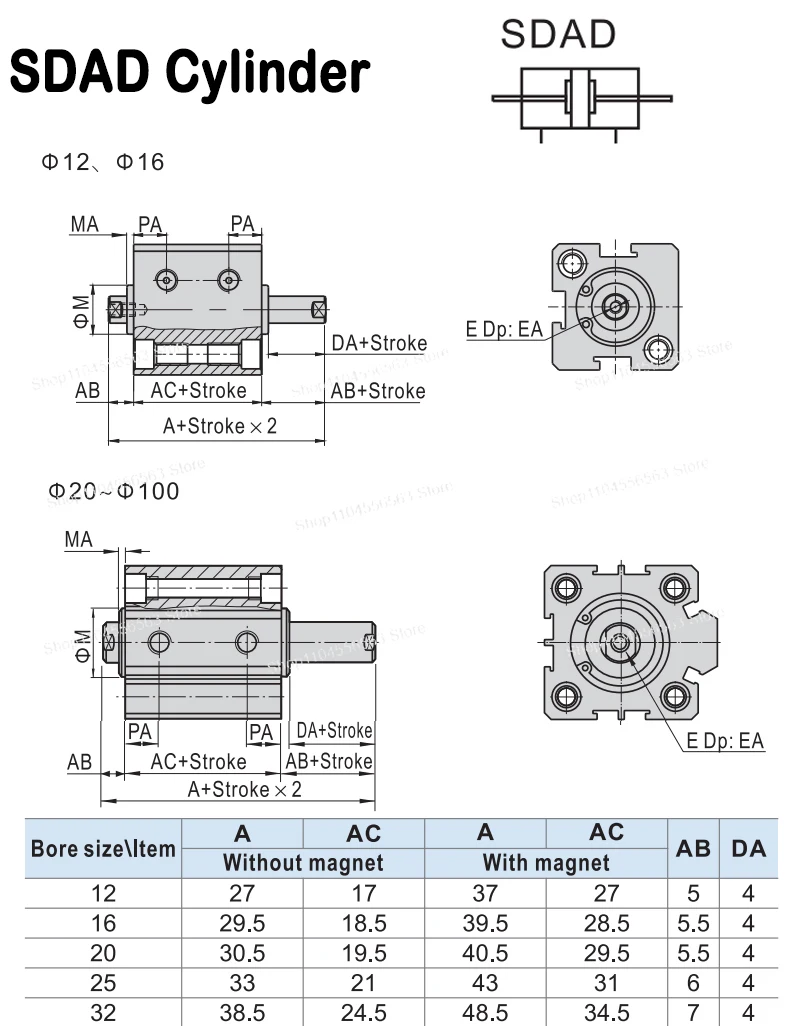 أسطوانة قضيب مزدوج هوائي مدمج عالي الجودة سلسلة SDAD 20-63 مم، مخرج مزدوج مع شوط 10-50 مم