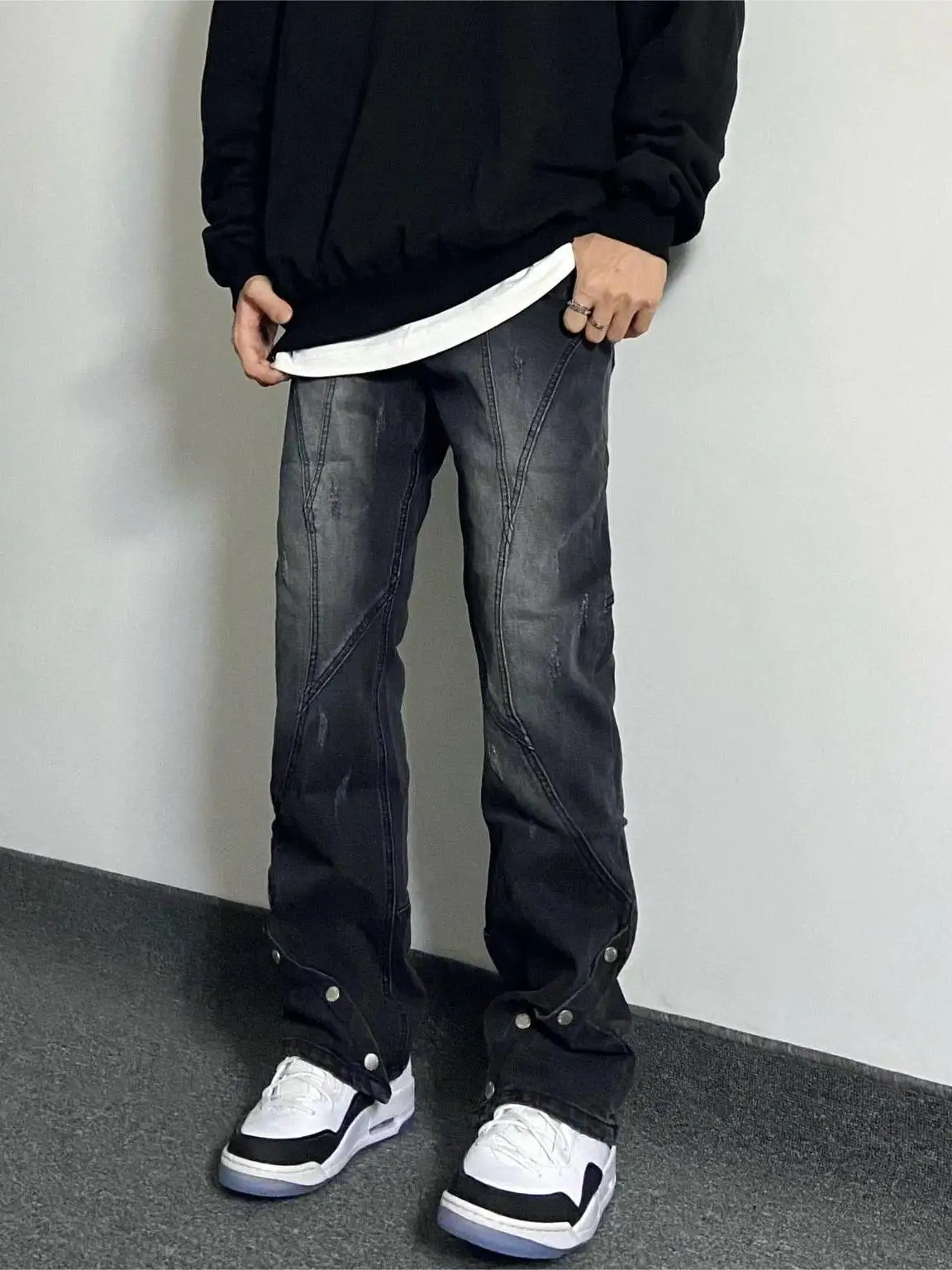 

American Style Heavyweight Premium Feeling Bell Bottom Jeans Men's Black Retro High Street Loose Straight Cut Vibe Button Lon...