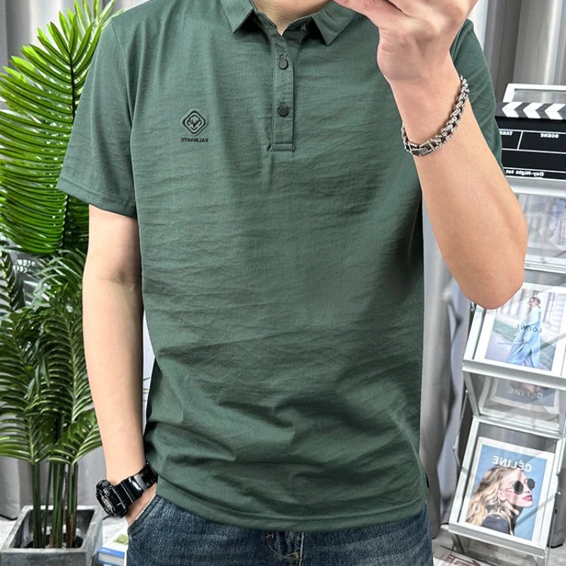 Tianshi Cotton Linen Short-sleeved Polo Shirt Men's Lapel Solid Color Thin Slim Fit Cool Body Shirt