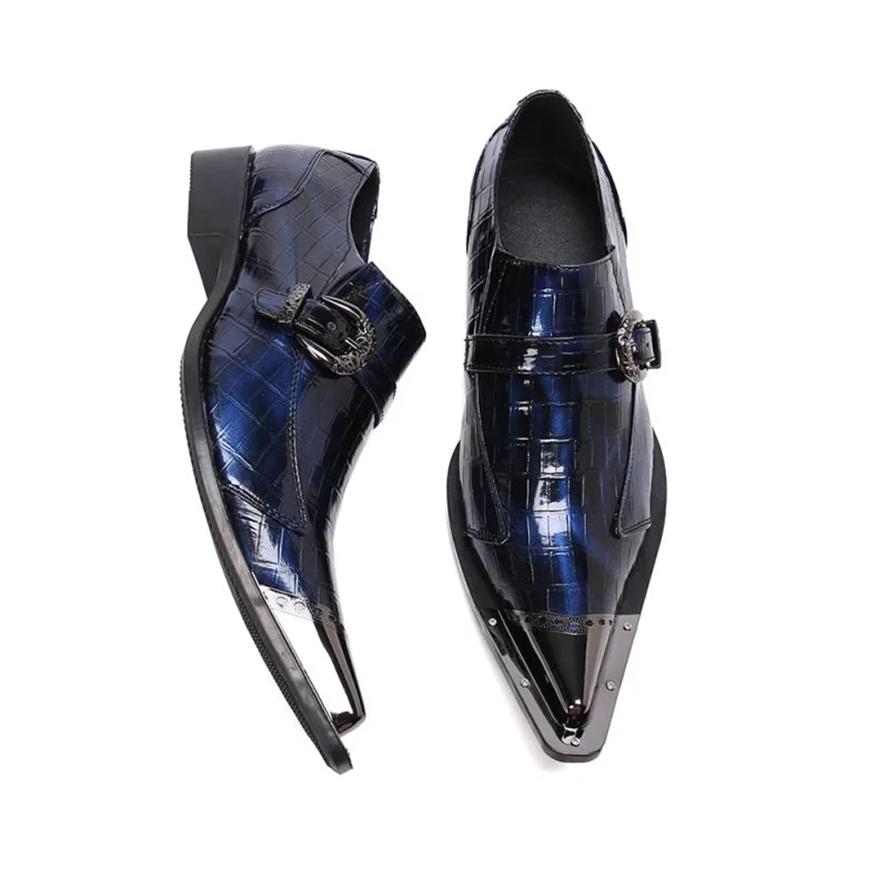 Blue Pointed Toe Oxford Shoes Men Slip-on Buckle Flats Formal Dress Wedding Leather