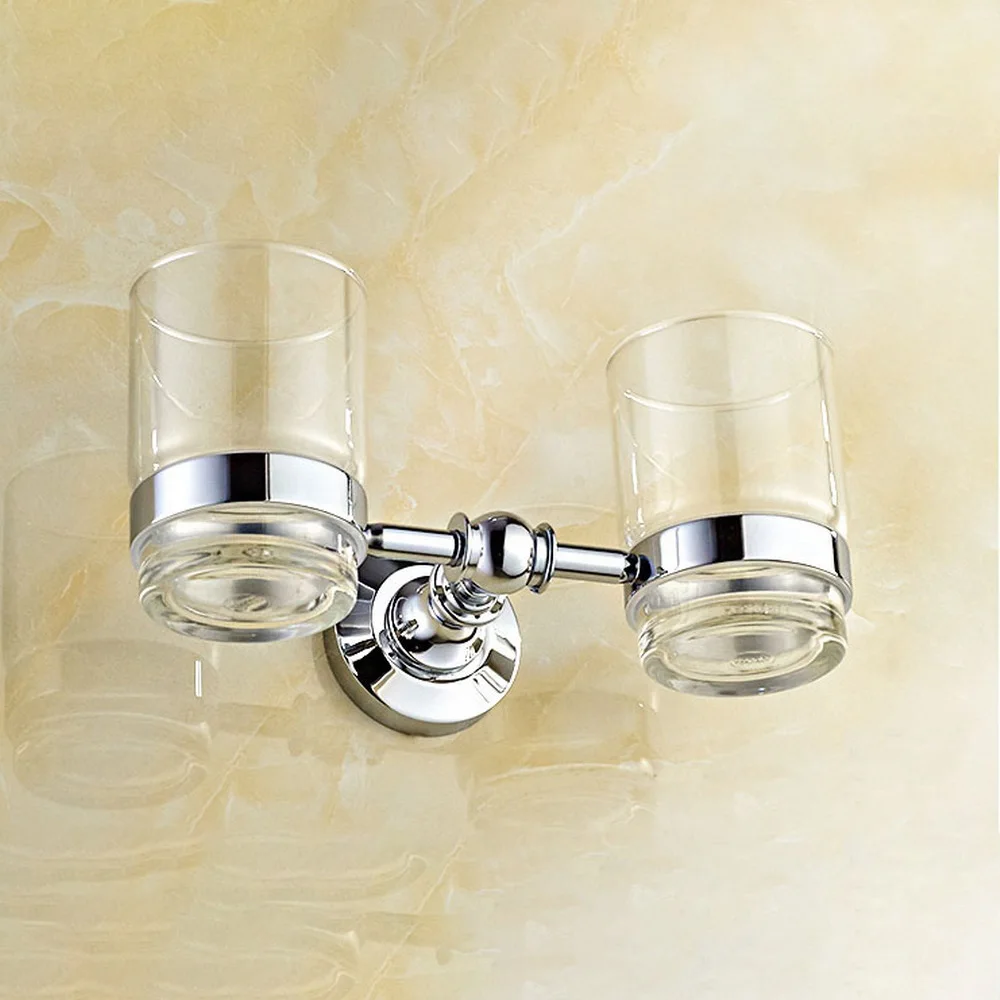 Chrome Polished Cup & Tumbler Holders Toothbrush Holder With 2 Glass Cups Wall Mounted Bathroom Accessories zba807