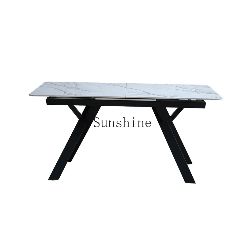 Small apartment retractable bright rock slab dining table carbon steel chassis dining table