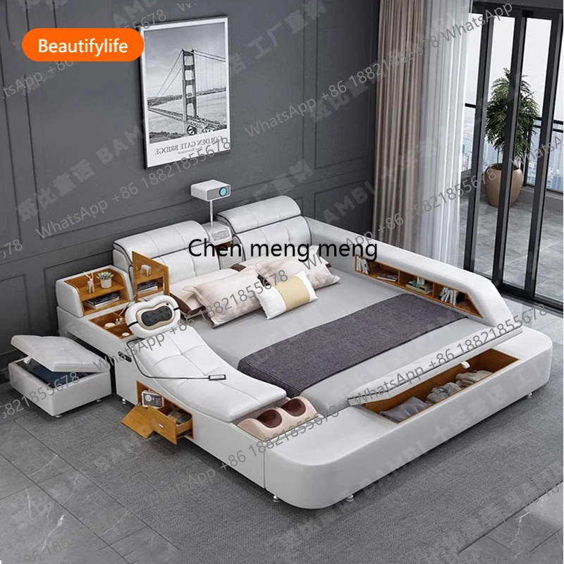 A16 Beauty European Bed Simple Tatami Portable Multifunctional Children Mobile Bed Leather Double Wood Muebles Modern Furniture