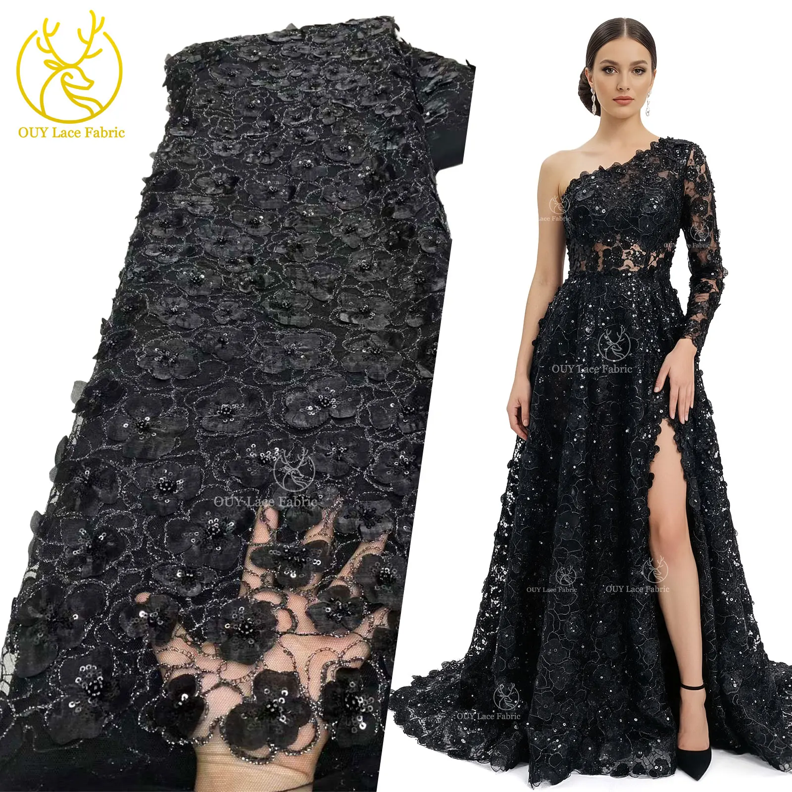 

Latest Black 3D Appliqué Wedding Dress with Sequins and Lace 2026 High-Quality African Beaded Lace Fabric Bridal Gown Sewing