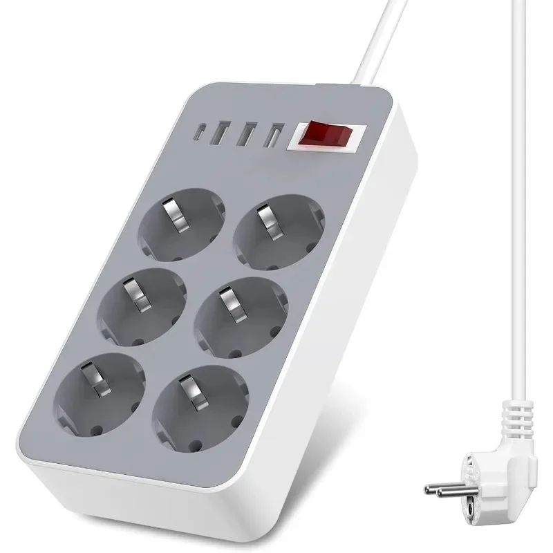 10 In 1 EU Plug Switch Power Strip 1.8 M 4 USB Ports (3 USB A + 1 USB C) And 6