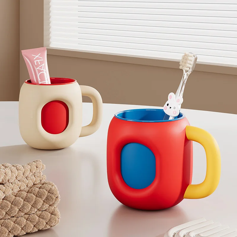 Cute Color Block Acrylic Handle Mouthwash Cup Food Grade Thickened Drop Resistant Toothbrush Cup for Kids Children Couples