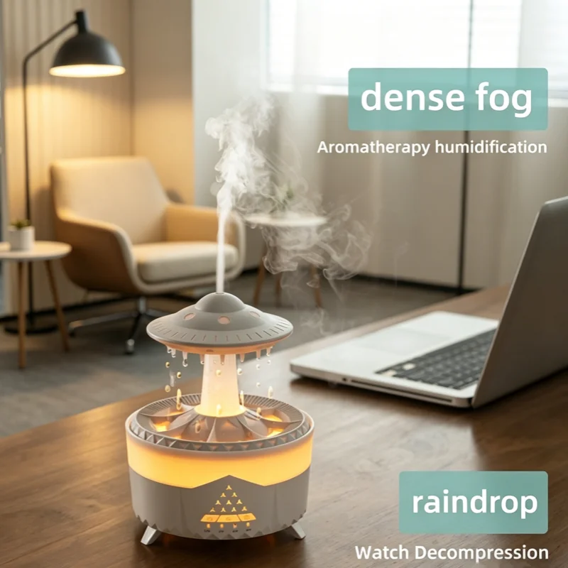 Rain Cloud Humidifier Mini UFO Aroma Diffuser with Remote Control - Colorful LED Night Light & Raindrop Sound for Bedroom Home a