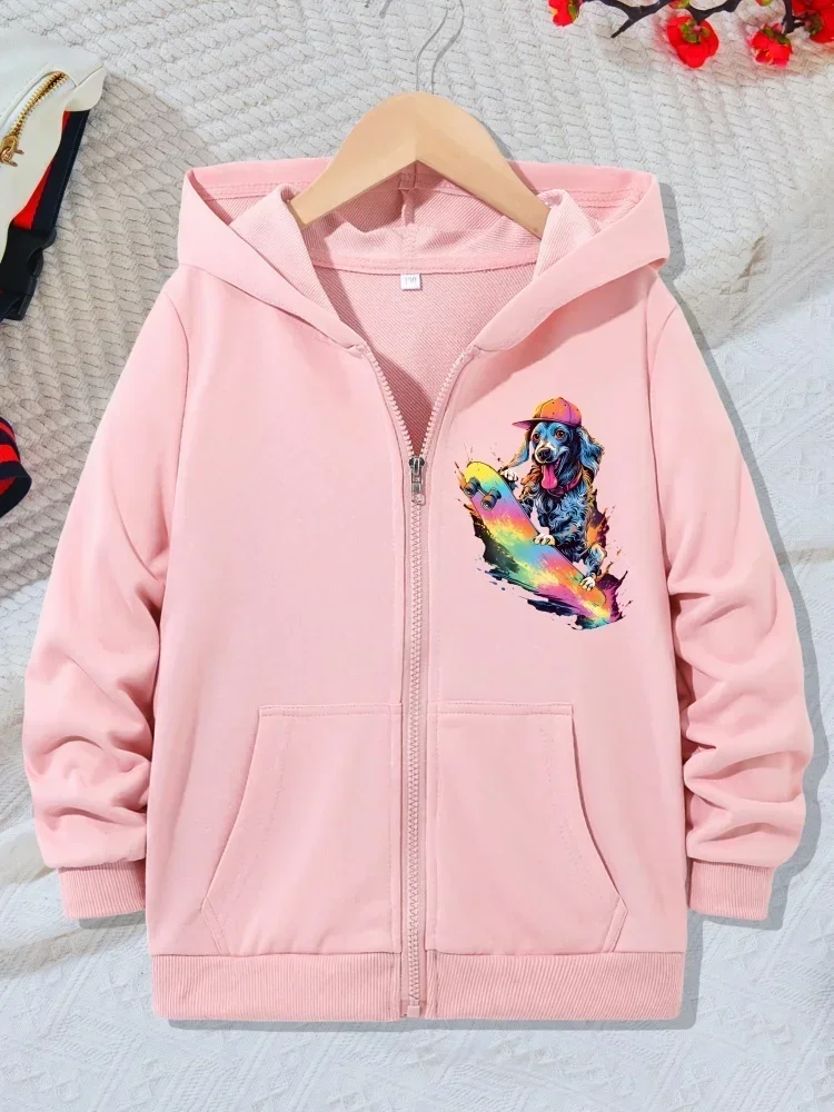Kids Zip Up Hooded Jacket Cool Skateboarding Dog With Cap Rainbow Splash Chest Print Long Sleeve Pocket Casual Outer Coat