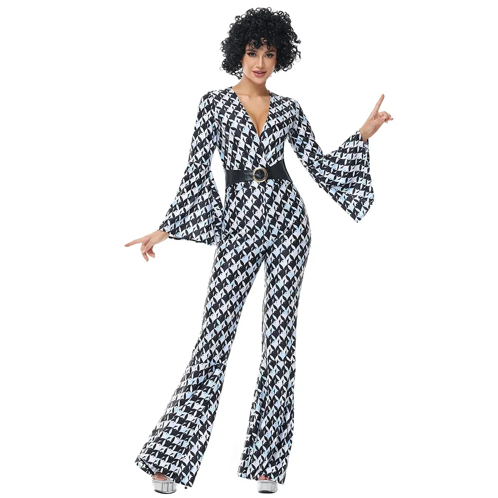 

Halloween Women Sexy 70's 80's Disco Vintage Hippies Costume Hip-hop Rock Disco Jumpsuit with Belt Music Festival Party Outfit