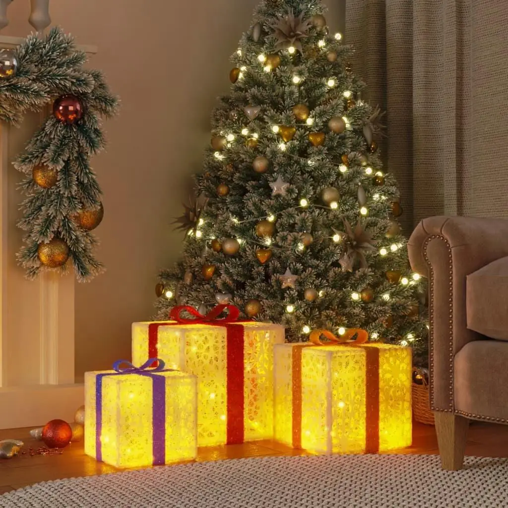 3-Piece Lighted Christmas Gift Boxes with 64 Warm White LEDs for Holiday Decor