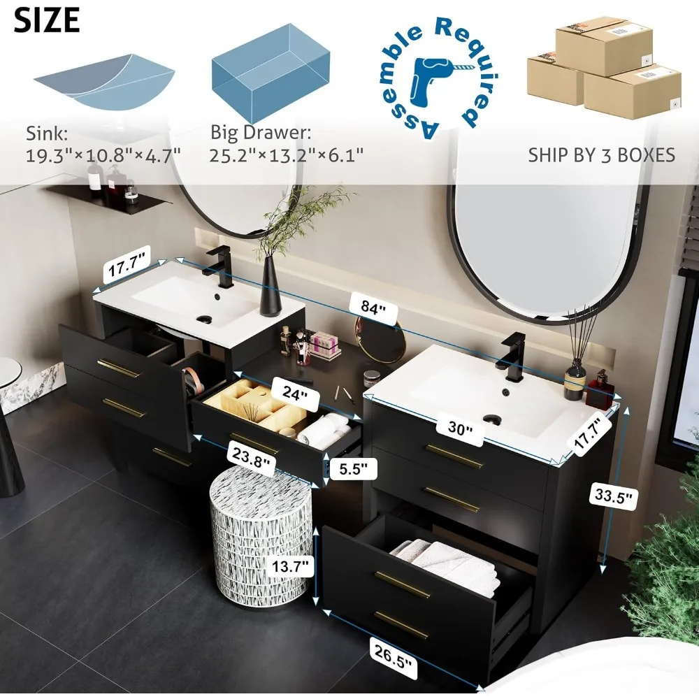 84" Bathroom Vanity with Sink Combo, Modern Painted Vanities Cabinet with Middle Makeup Vanity Desk, 5 Drawers