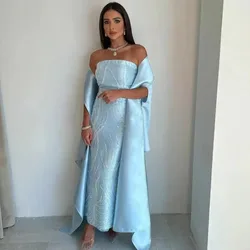 Sky Blue Sheath Prom Dresses Strapless Long Elegant Party Women Wear for Evening with Wraps Saudi Arabia Vestidos De Novia