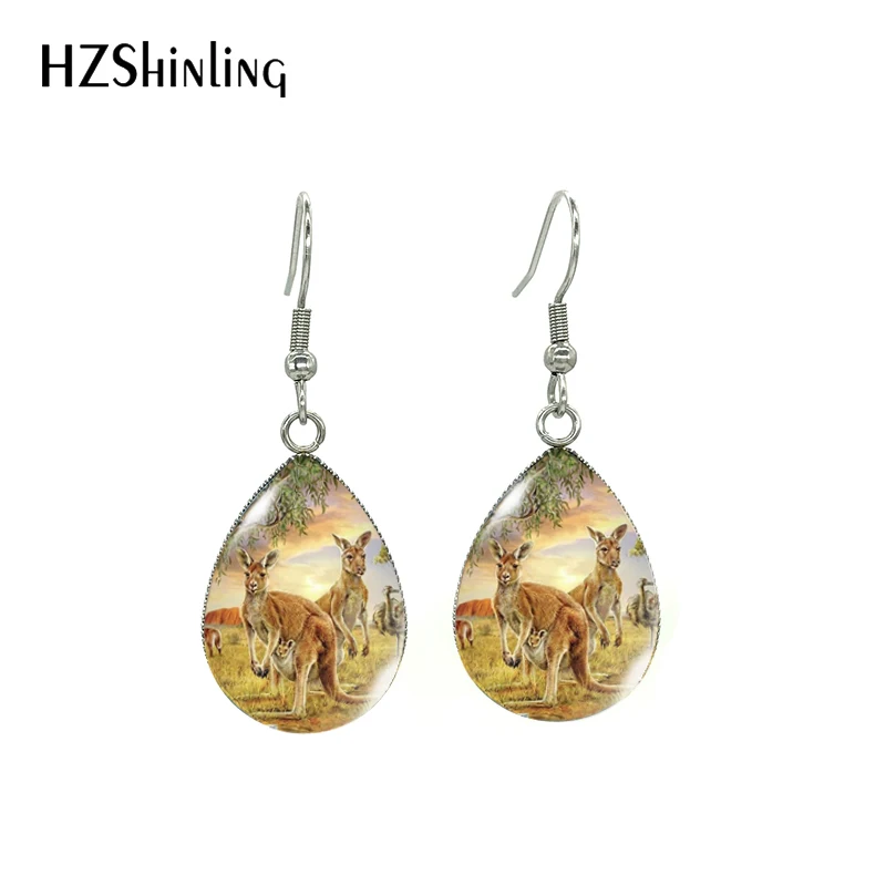 2021 New Funny Australia Kangaroo Mother and Baby Paintings Handcraft Tear Drop Dangle Earrings