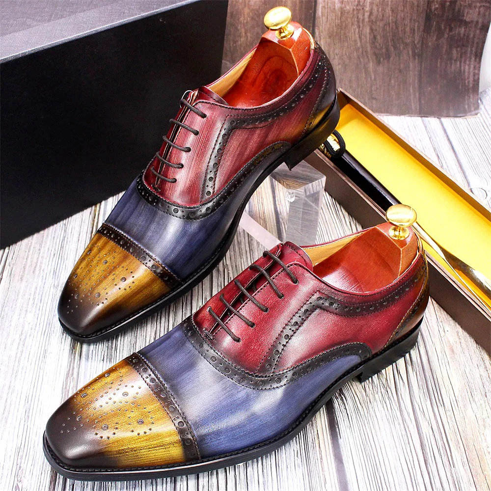 Handmade Mens Dress Shoes 100% Calf Leather Cap Toe Oxford Mixed Colors Lace Up Luxury Brogue Wedding Party Formal Shoes for Men