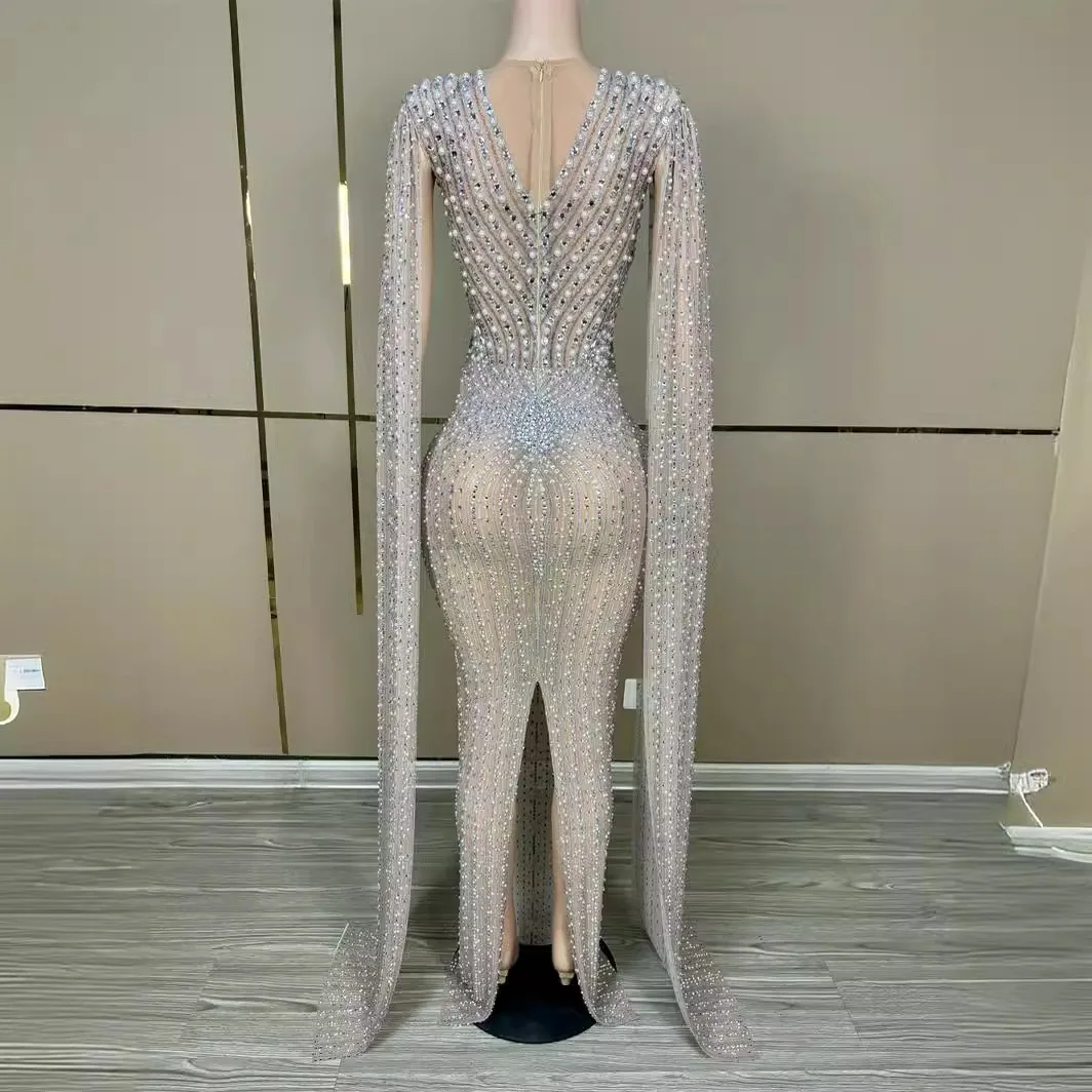 Luxus funkelnden Champagner großen Kristall transparent lange Zug Kleid Set Geburtstag Feier Kleid Abend Hochzeit Tanz kleid