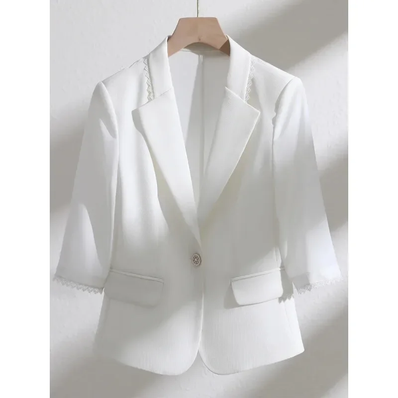 Summer Spring Women Blazer Ladies White Black Green Half Sleeve Female Business Work Wear Formal Jacket