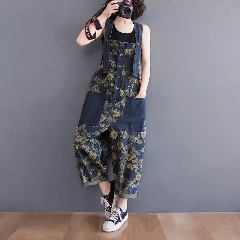 

2024 Spring Print Floral Denim Jumpsuit Women Vintage Streetwear Oversized Dungarees Loose Wide Leg Overalls Straps Baggy Pants