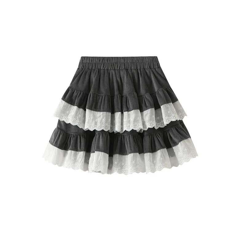 Velvet Ballet Lace Cake Skirt Half Skirt 2024 Autumn Puff Skirt Short Style Layered Lace