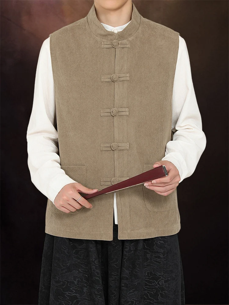 retro-chinese-style-corduroy-men's-vest-spring-autumn-stand-collar-sleeveless-jacket-traditional-hanfu-outerwear-casual-wear