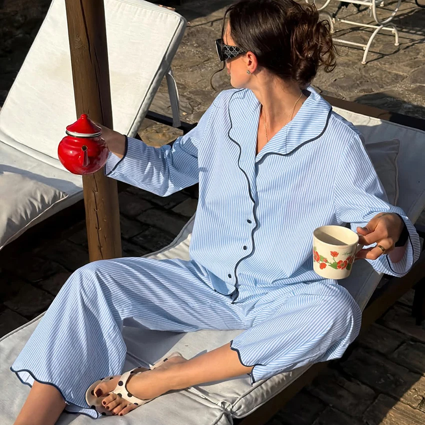 HiLoc Blue Striped Woven Inelastic Pajamas Two-Piece Long Sleeve Lapel Single-Breasted Top Elastic Waist Ankle-Length Pants 2026