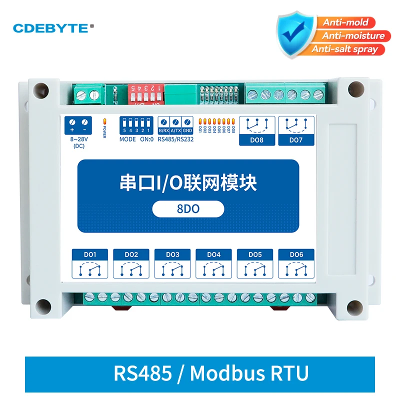 

ModBus RTU Serial IO Module RS485 Interface 8DO 8 Digital Outputs Rail Installation 8~28VDC CDEBYTE MA01-XXCX0080