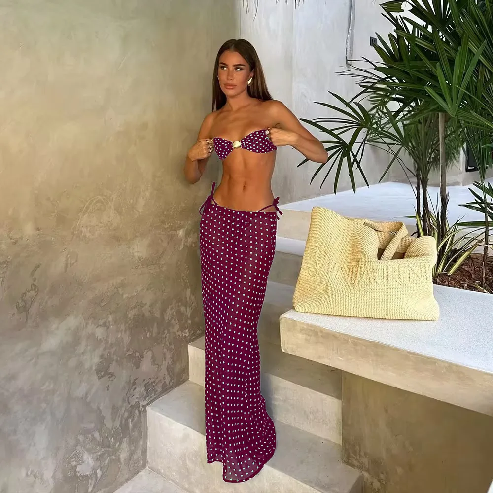 

Polka Dots Print Holiday Beach 3 Piece Set Metal Shell Buckle Strapless Bra + Panties + Mesh Long Skirts Vacation Bikini Suits