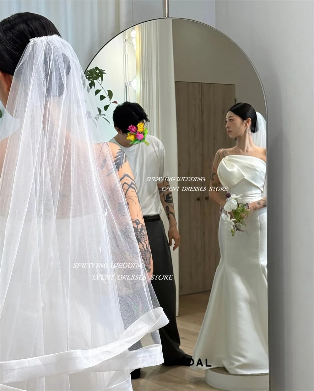 SPRAYING Elegant Mermaid ivory Wedding Korea Photo Shoot Dress Strapless Satin Floor Length Bridal Gowns 웨딩드레스 Corset Customized