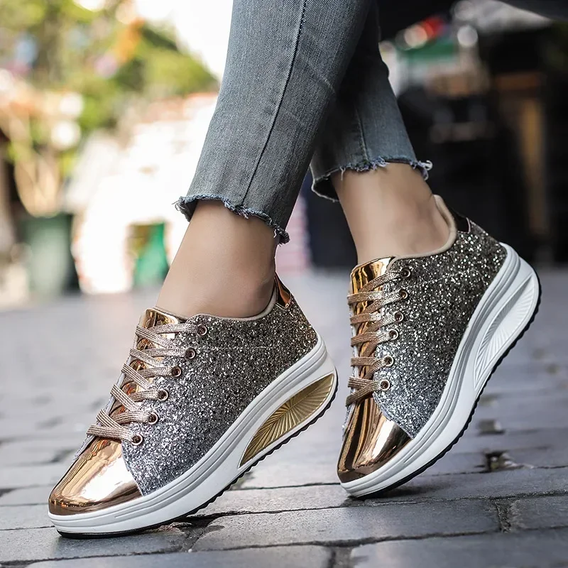 Gold Silver Women Fashion Trendy Sport Shoes Comfortable Walking Sneakers for Women New Luxury Height Increasing Shoes