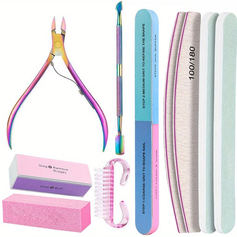 10 Stück/Set Nagelpflege-Set mit 100/180 Körnung Professionelle Feilen, Buffer-Schwammblock, Bürste, Nagelschere und Nagelhautzange – Detail 7