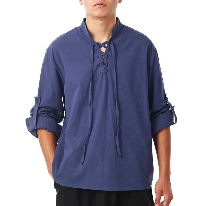2026 Adult Men Viking Pirate Shirt Retro Style Lace Up Collar Jacobite Ghillie Kilt Henley Shirts Medieval Blouse 583CI view 5