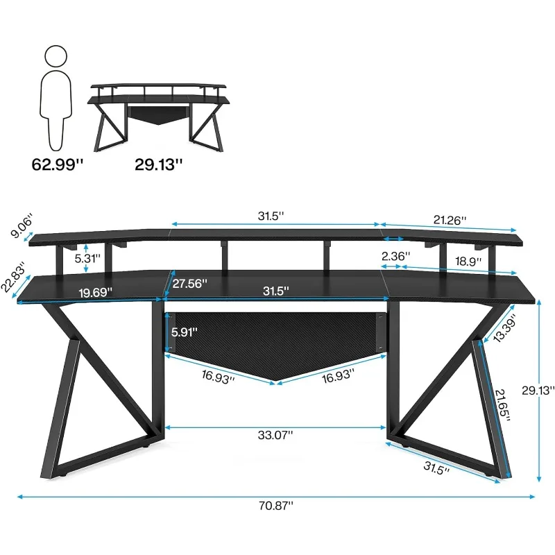 Escritorio grande para ordenador, mesa de juegos con soporte de Monitor para oficina, estudio, dormitorio, 70,9 pulgadas