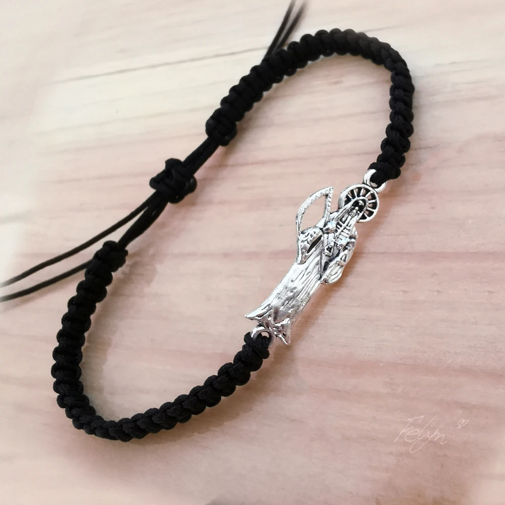 Black String Santa Muerte Braided Bracelet Sickle Grim Reaper Rope Adjustable for Women Men Couple Gift