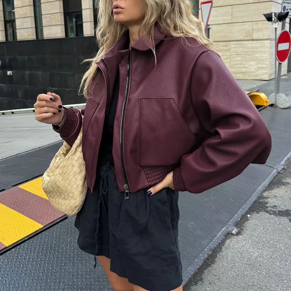 سترة نسائية من جلد البولي يوريثان بتصميم ريترو للدراجات النارية، سترة ربيعية بمزاج شخصي فضفاض كاجوال بتصميم عصري أوروبي أمريكي #3
