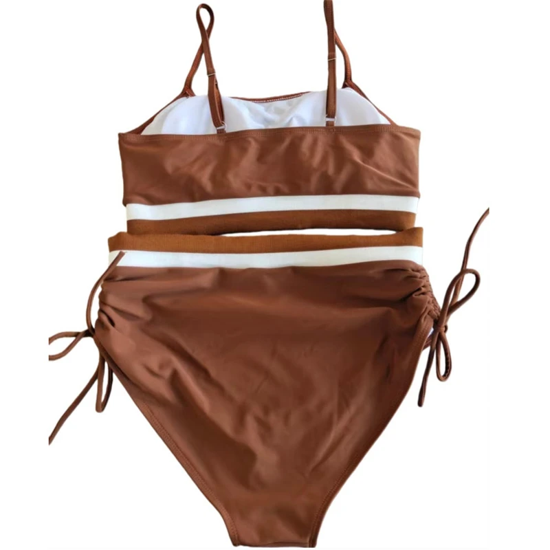 2026 Women's Striped Sportswear Two-Piece High-Waisted Bionic Tankini with Cinch Belt and Anti-Roll Design