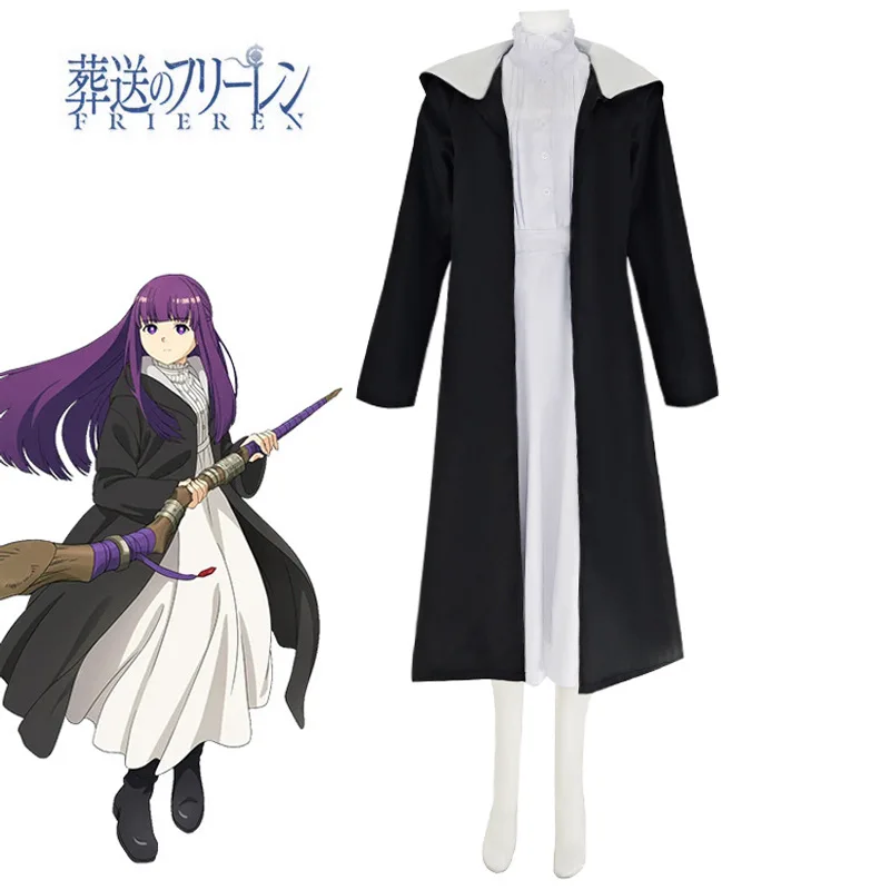 

Fern Cosplay Costume Beyond Journey's End Fern White Long Dress and Black Robe Purple Wig Headwear Halloween Comic Con Frieren