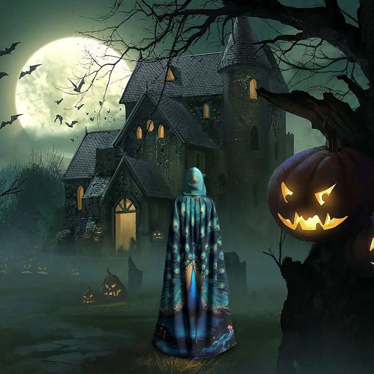 เสื้อคลุมยาวมีฮู้ดลายขนนกยูงสุดอลังการ ชุดแม่มดยุคกลาง คอสเพลย์ เสื้อคลุมฮาโลวีน แวมไพร์ สำหรับผู้ใหญ่ ทุกเพศ